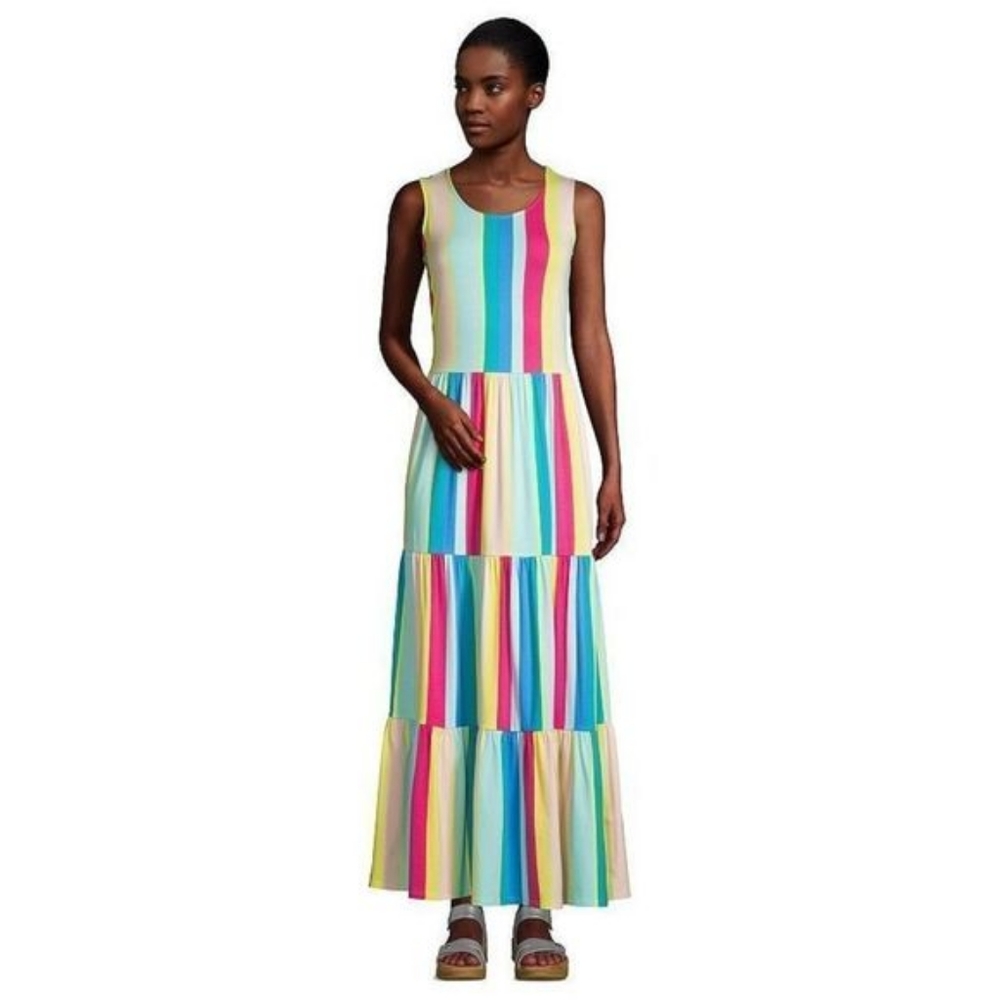 Lands End Rainbow Tiered Maxi Scoop Neck Dress Womens Size Medium Petite